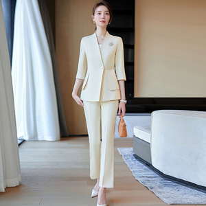 Women's Mid Sleeve Collarless Suit Jacket Pink Pants Set Anti Wrinkle Spring Autumn Style Elegant Office Wear - Product Image 2