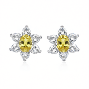 Orecchini a perno da donna E1927 con topazio giallo taglio ovale, design a fiore, montatura a griffe, gioielli classici di alta qualità - Product Image 1