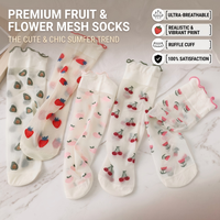 Chaussettes en maille imprimées fraises mignonnes, avec bordure à volants, en soie de verre transparente, pour femme, vente en gros, été