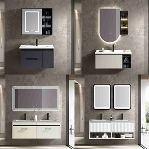 Mueble de Baño Flotante de PVC Gris Oscuro sin Tiradores con Doble Cajón y Espejo Redondo con Retroiluminación LED para Hogar y Hotel - Product Image 6