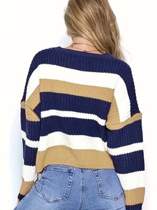 Suéter Feminino de Tricô Grosso Listrado para Outono Inverno, Gola Redonda, Ombro Caído, Canelado, Pulôver Casual Confortável e Macio - Product Image 5