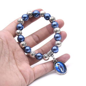 Pulsera de Perlas Azul Zafiro con Patrón de Cruz y Dije de Plata Tibetana, Joyería Religiosa de Regalo - Product Image 3