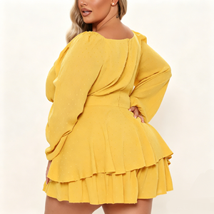 Robe professionnelle grande taille en mousseline de soie jaune miel, mini, à volants, coupe évasée, fluide, à manches ballon, pour l'été <span class=keywords><strong>et</strong></span> <span class=keywords><strong>les</strong></span> occasions sociales, prête pour la technologie de pointe - Product Image 2