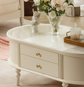 <span class=keywords><strong>Table</strong></span> à thé de Style crème française tout en bois massif pur bûche <span class=keywords><strong>Table</strong></span> basse en verre ovale salon américain petit appartement meubles - Product Image 2