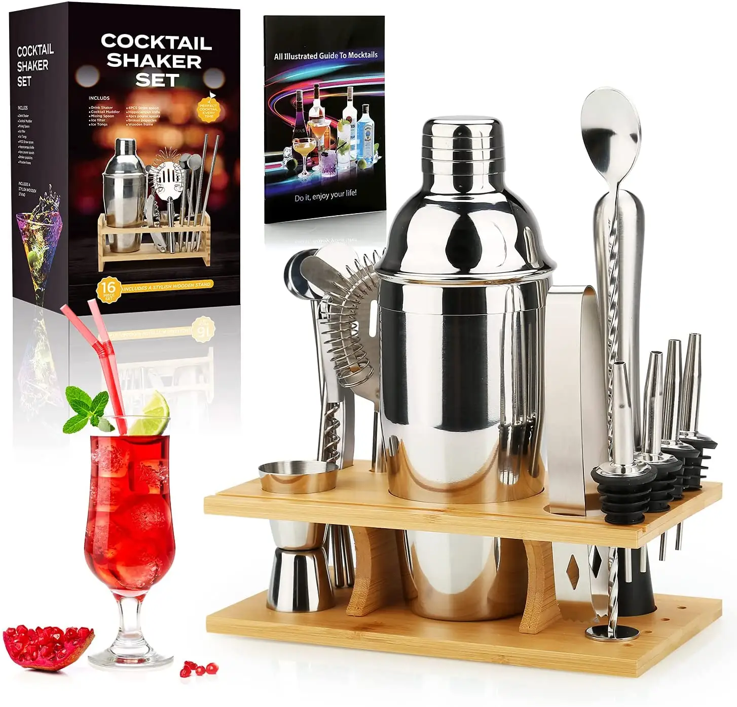 Professional Wooden Rack Bright Silver 25 oz Cocktail Shaker Set 16 Pcs Mixology Bartender Kit with Stand