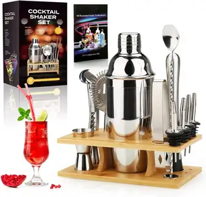 Professionele Houten Rek Heldere Zilveren 25 Oz Cocktail Shaker Set 16 Pcs Mixologie Barman Kit Met Stand