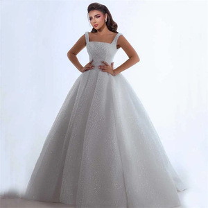 White Ball Gown Wedding Dress Square Neckline Tulle Backless Lace Princess Style Bridal Gown JM369 - Product Image 1