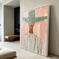 Décoration d'intérieur : Tableau encadré fait main, peinture à l'huile sur toile, motif abstrait texturé, portrait de cowboy occidental avec chapeau à large bord vert, art mural