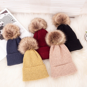 Chapeaux tricotés chaud uni femmes dames hiver fausse fourrure boule Pom Pom Beanie chapeau - Product Image 3