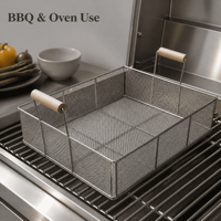 Panier de cuisson rectangulaire en treillis métallique OEM ODM avec poignées en bois pour applications barbecue et four, taille personnalisée