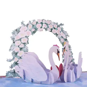 Customization high quality white swan love heart laser cut valentine's day wedding invitation 3d pop up paper greeting card