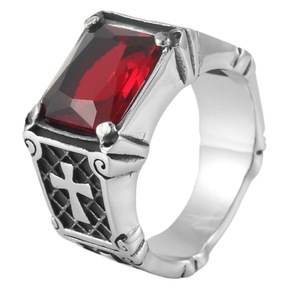 yunnique Men's <b>Titanium</b> Steel Cross <b>Ring</b> Black Stone Square Bezel Setting Punk Style Fashion Jewelry Gift - Product Image 5