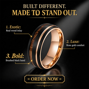 Anneau en carbure de tungstène fait main sur mesure avec incrustation de bois de whisky, anneaux en métal or rose pour hommes, <span class=keywords><strong>bijoux</strong></span> sexuels - Product Image 1