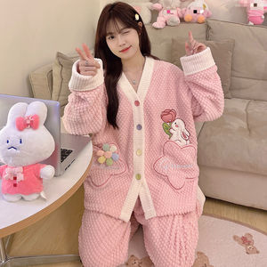 Pyjama dessin animé en velours rose pour filles automne et hiver avec velours et ensemble épais nouveau vêtement de maison chaud en flanelle - Product Image 3