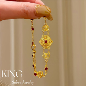 King Silver Jewelry S925 Silver <b>Gold</b> Plated Filigree <b>Bracelet</b> With Red Stones Women's Everyday Wear - Product Image 2