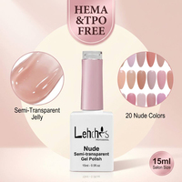 Ensemble de vernis à ongles en gel semi-permanent transparent avec logo personnalisé, couleur nude jelly, 20 couleurs, sans HEMA ni TPO, 15 ml, vernis à ongles en gel UV à retirer par trempage, OEM