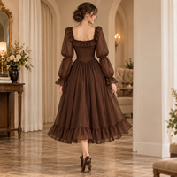 Robe Midi Femme ODM en Mousseline de Soie avec Volants, Corsage Lacé, Manches Longues Bouffantes et Jupe Froncée – Idéale pour les Occasions Spéciales