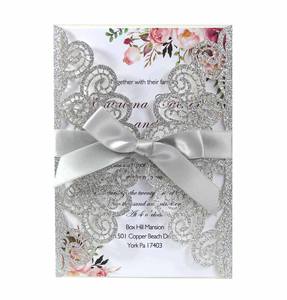 Invitations de mariage personnalisées en papier pailleté découpé au laser 3D, or rose, invitations d'anniversaire pliées, design tendance, vente chaude - Product Image 5