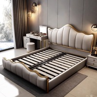 Lit King-size moderne en cuir avec cadre en acier inoxydable doré, personnalisable, lit double haut avec rembourrage en tissu, mobilier de maison en bois doux