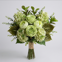 Nouveau Bouquet de Fleurs Synthétiques Réalistes Vert Foncé Européen : Rose Chou, Hortensia, Ranunculus, Anthurium, Lys Flamant
