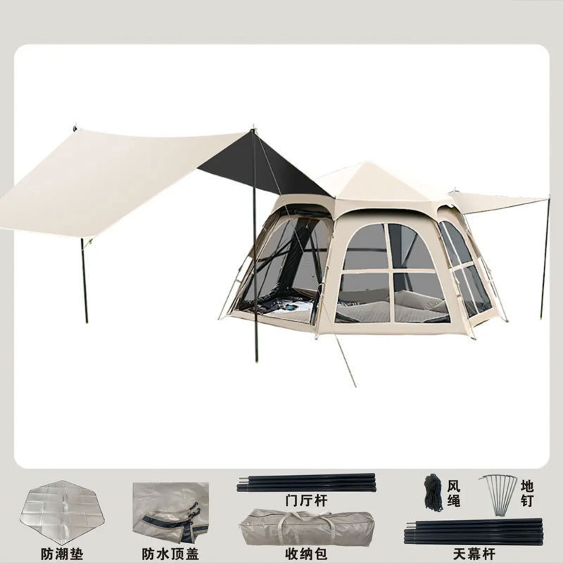 Tienda hexagonal negra, cortina de cielo, esterilla antihumedad