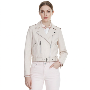 Elegant <b>Women</b> Off <b>White</b> Real Leather Biker <b>Jacket</b> Belted Waist Notch Lapel Zippered Pocket Premium Ladies Leather <b>Jackets</b> - Product Image 1