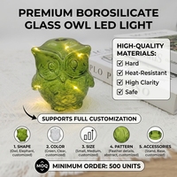 Lampe de nuit LED Hibou en verre vert, Figurine à effet craquelé en forme de plume, Décoration de table, Lampe féerique en borosilicate, Vente en gros OEM pour la maison
