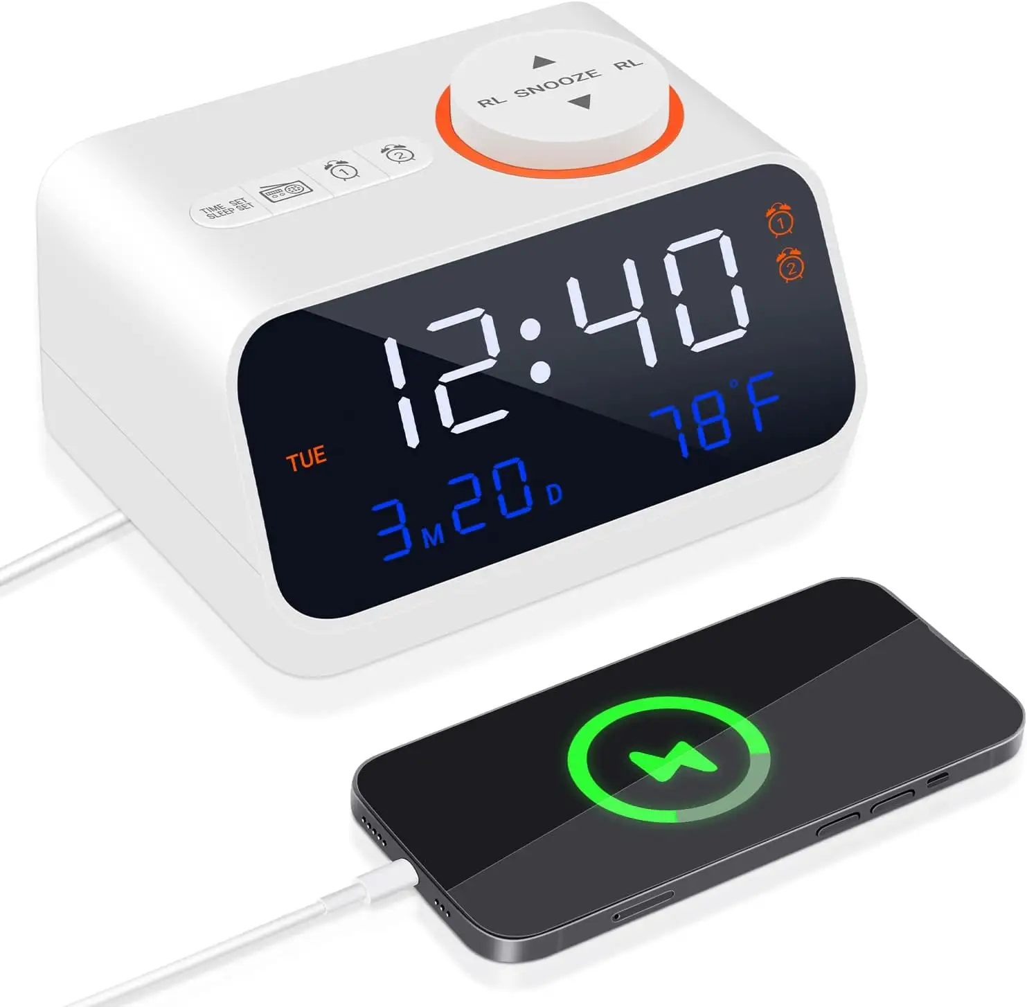 שעון מעורר דיגיטלי נטען עם סוללה קטנה עם יציאות טעינת רדיו ו-USB, שעון מעורר דיגיטלי LED לחדרי שינה