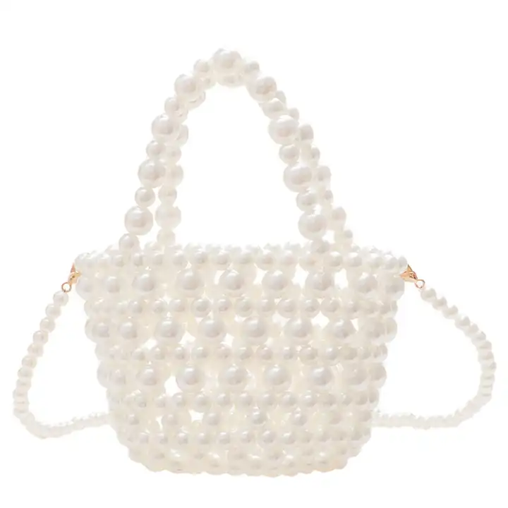 Wholesale Luxury designer pearl bag clear transparent acrylic beaded box  totes bag women party vintage woven handbag From m.