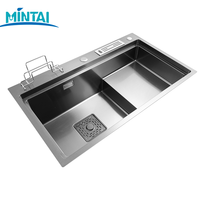 Évier de préparation de comptoir moderne en acier inoxydable satiné multifonctionnel à cuve unique, épaisseur 3,0 mm + 1,0 mm, fait main par Mita, pour restaurant et café