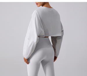 Conjunto de Top Corto y Sudadera de Manga Larga para Mujer, Transpirable, de Secado Rápido, para Yoga y Ejercicio, de Spandex y Nailon, Color Sólido, Cuello Redondo - Product Image 4