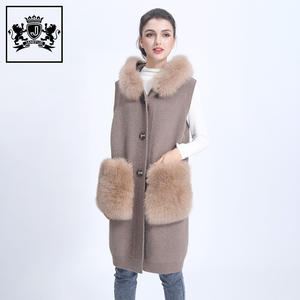 Janefur sans manches femmes filles <span class=keywords><strong>long</strong></span> <span class=keywords><strong>gilet</strong></span> cardigan en laine tricoté hiver gris grand col en fourrure de renard <span class=keywords><strong>gilet</strong></span> pull tricoté - Product Image 4