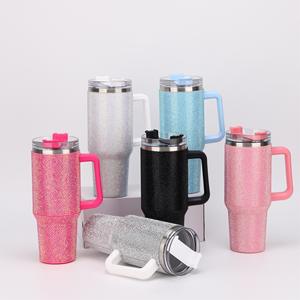 แก้วน้ำเก็บความเย็นสุญญากาศแบบมีหูจับ ขนาด 40 ออนซ์ ประดับคริสตัลเพชรระยิบระยับ ขายส่ง - Product Image 1