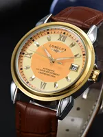 Montre automatique LONGLUX pour homme, style business, loisirs, rendez-vous, mécanique, bracelet en cuir, étanche, avec affichage jour et date, cadeau pour homme.