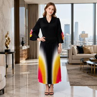 Robe longue plissée Miyake à col revers et manches florales 3D dégradées arc-en-ciel pour femme, vente en gros directe d'usine