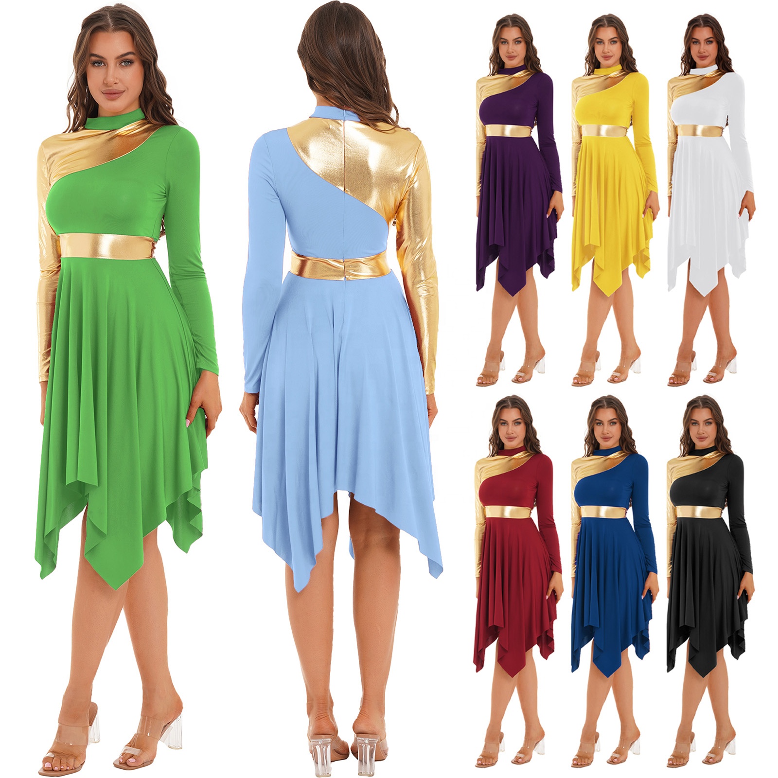 Longue robe personnalisée de louange pour femmes en bloc de couleur or métallique à manches longues vêtements de danse de scène