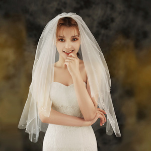 <span class=keywords><strong>2022</strong></span> blanc/ivoire court voile de mariage avec perles mode perle perlée 2 couches Tulle court voile de mariage avec peigne - Product Image 2