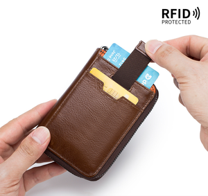 European American Retro Cowhide Men's Short <b>Wallet</b> First Layer with Zipper Closure Vertical Multi-Card Pull-Out <b>RFID</b> Card Bag - Product Image 2