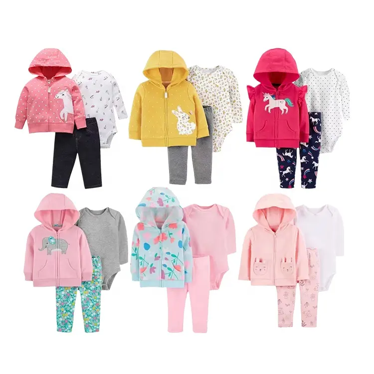Factory price newborn cotton pink girl color hooded jacket long sleeve romper pants 3 pieces new baby boy clothes set