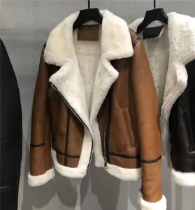 Winter classic style women fur jacket genuine leather overcoat casual zipper up boomber jacket shearing sheepskin coat