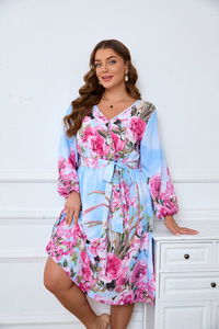 <b>Plus</b> <b>Size</b> Women's Temperament Dress V-neck Long Sleeve Printed Midi Skirt - Product Image 4