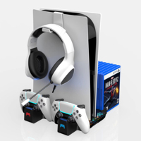 Support de charge rapide avec ventilateur de refroidissement vertical, double charge pour 5 consoles avec support de stockage de cartes CD