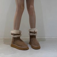 Bottes de neige mi-mollet pour femme avec garniture en fourrure, tige en daim, boucle réglable, plateforme épaisse, antidérapantes, décorées de boucles, chaudes et décontractées