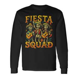 Camiseta de Manga Larga con Estampado de Esqueleto Fiesta Squad, Unisex, Cuello Redondo, para Adultos, Ropa de Fiesta, Tema Mexicano Cinco de Mayo - Product Image 1