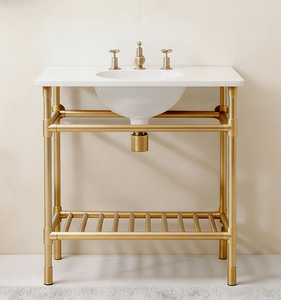 Meuble sous-vasque <span class=keywords><strong>en</strong></span> laiton satiné doré mat, style classique de luxe, structure <span class=keywords><strong>en</strong></span> métal, dessus de table <span class=keywords><strong>en</strong></span> pierre - Product Image 5