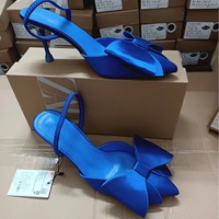 Nouvelles Sandales d'été pour femmes, légères, à bout pointu, en satin bleu texturé, décorées d'un nœud, à talon aiguille, style mule, mode et sexy