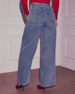 <span class=keywords><strong>Jeans</strong></span> Donna a Vita Alta con Dettaglio a Cuore, Pantaloni a Gamba Larga Estivi <span class=keywords><strong>Lunghi</strong></span> in Denim Lavato, Modello Casual Morbido Baggy - Product Image 4