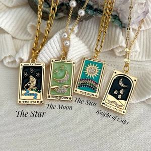 极简主义珠宝新款镀金日月星锆石吉祥塔罗搪瓷吊坠女士项链 - Product Image 4