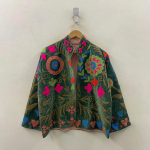 Hand Embroidered Floral Velvet Coat Bohemian Style Turn-down Collar Batwing Sleeve Plus Size Women's Autumn Outerwear - Product Image 1
