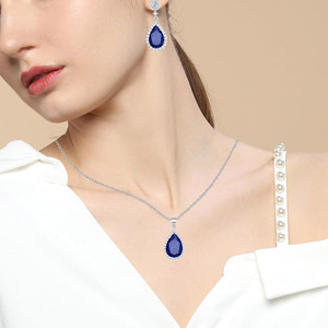 Platinum Plated Brass Double Halo Pear Sapphire Blue Crystal Drop <b>Earrings</b> 925 Silver <b>Post</b> Wedding Party Gift Jewelry Wholesale - Product Image 3